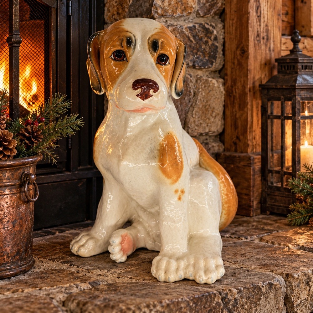 Vintage Large Ceramic Saint Bernard Puppy Dog Statue 15" Hearth Decor Sculpture